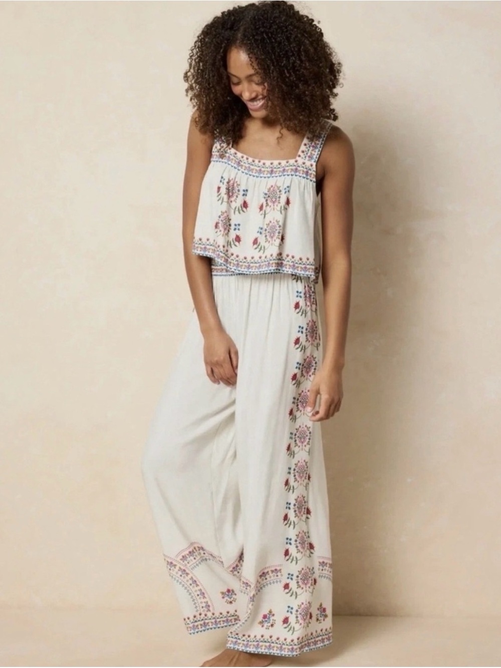 Boho Floral Embroidered Wide-Leg Pants - Iwhit